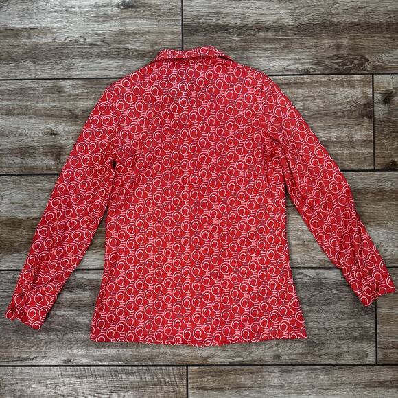 70s Import Corner Red White modernist Geo Print polyester blouse S/M - Picture 10 of 13